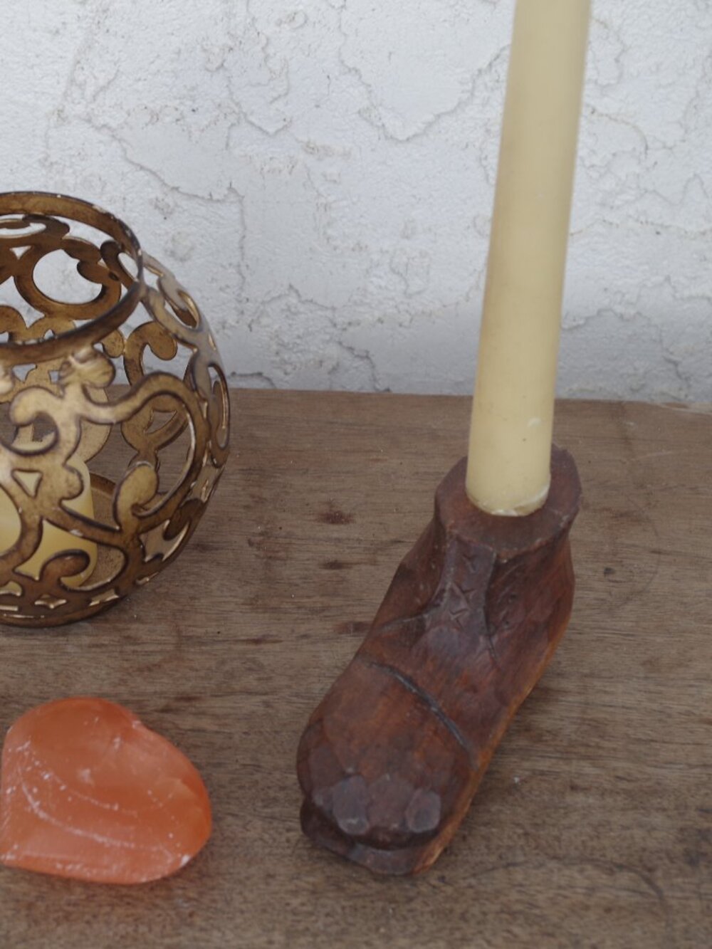 VintageFolk Art Hand  Craved Wooden Shoe  Cottagecore Candle Holder